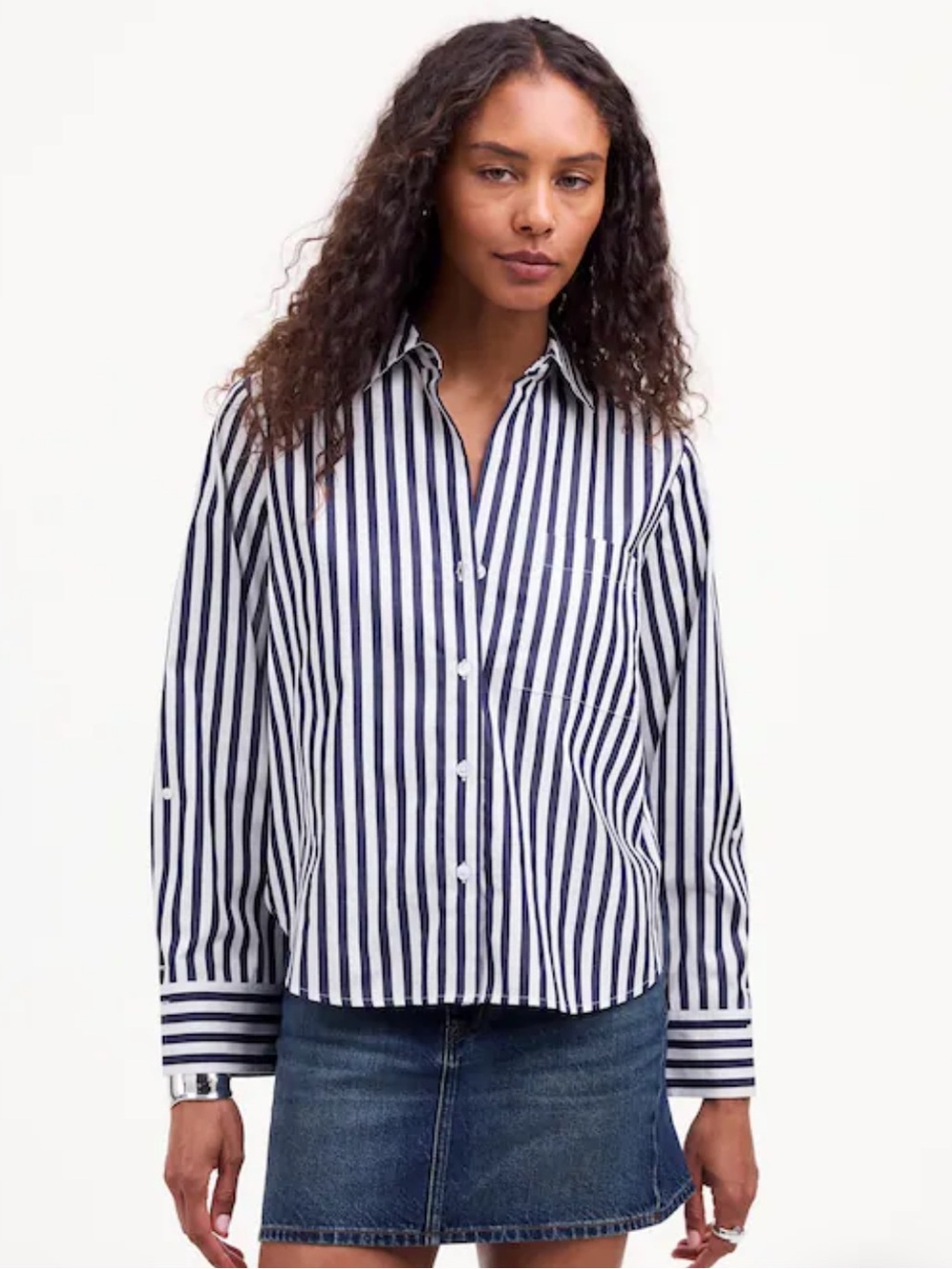 Madewell 100% Cotton Easy Y Neck Button Up in Dark Midnight Stripe Size L